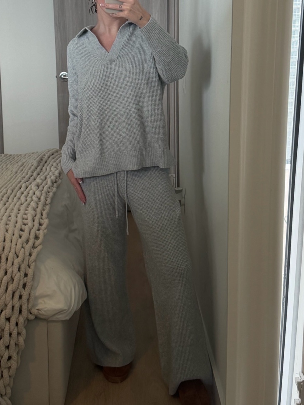 Aerie Light Gray Oversized Waffle Knit Set